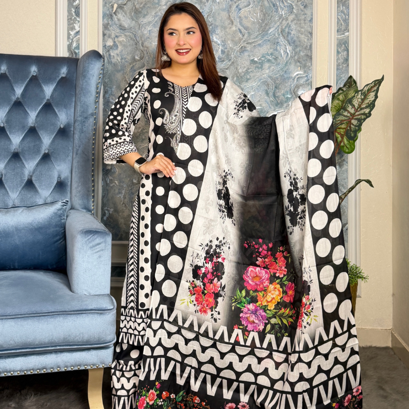Elegant Cotton Three Piece – Digital Print Summer Outfit