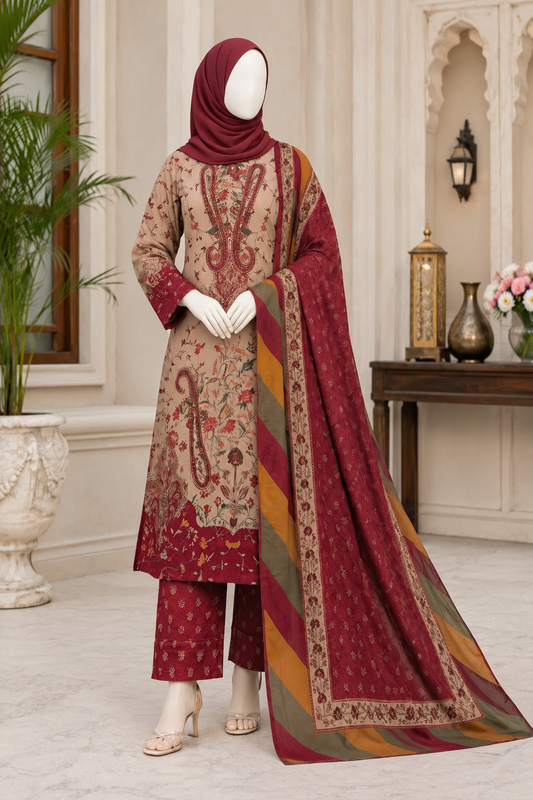 Bushra Shop Beige Maroon Traditional Printed Cotton Three Piece