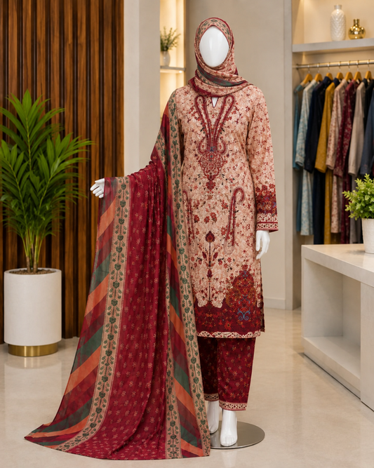 Bushra Shop Beige Maroon Floral Printed Cotton Three Piece