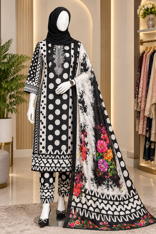 Bushra Shop Black White Printed Cotton Three Piece Salwar Kameez