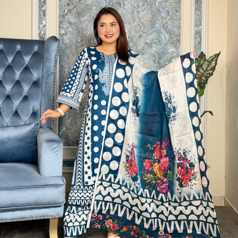 Elegant digital print cotton three piece dress for women with soft breathable fabric perfect for summer wear in Bangladesh