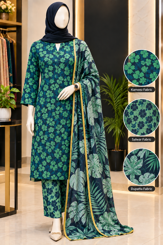 Bushra Shop Green Floral Printed Cotton Three Piece Salwar Kameez