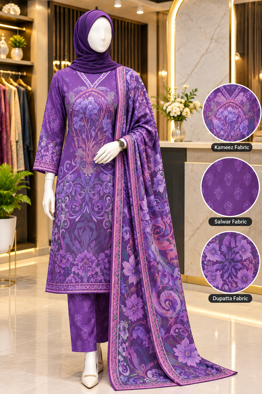 Bushra Shop Purple Floral Printed Cotton Three Piece Salwar Kameez