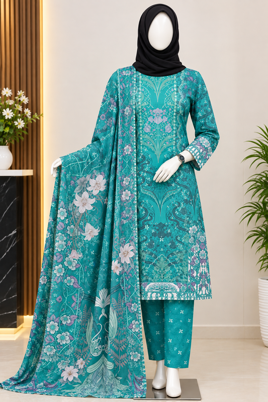 Bushra Shop Turquoise Floral Printed Cotton Three Piece