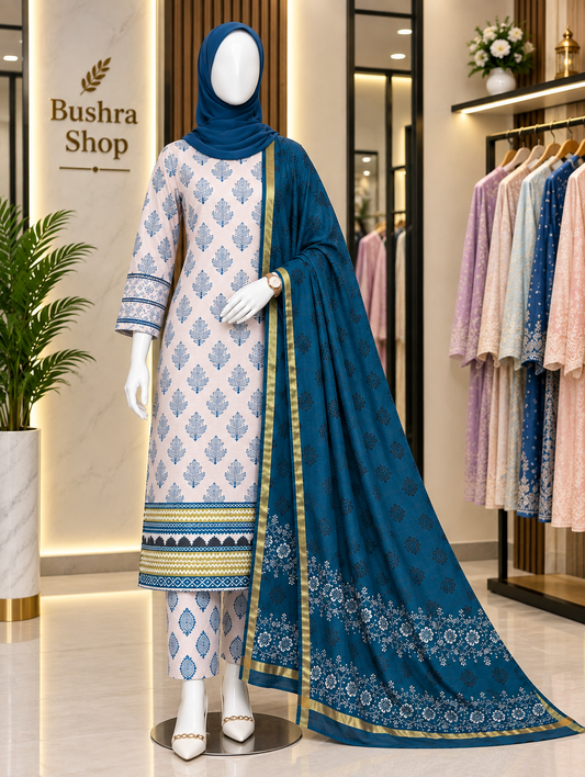 Bushra Shop White Blue Printed Cotton Three Piece Salwar Kameez