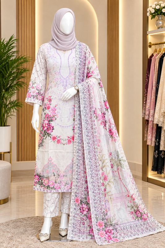 Bushra Shop White Pink Floral Printed Cotton Three Piece Salwar Kameez