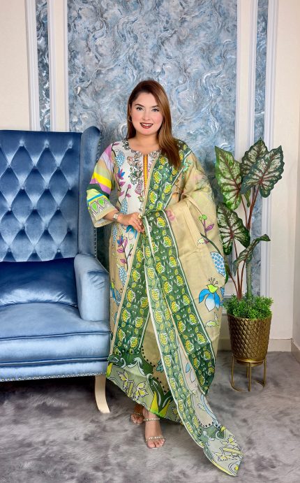 Soft and colorful digital print cotton three piece from Bushra Shop, designed for comfort and modern fashion.